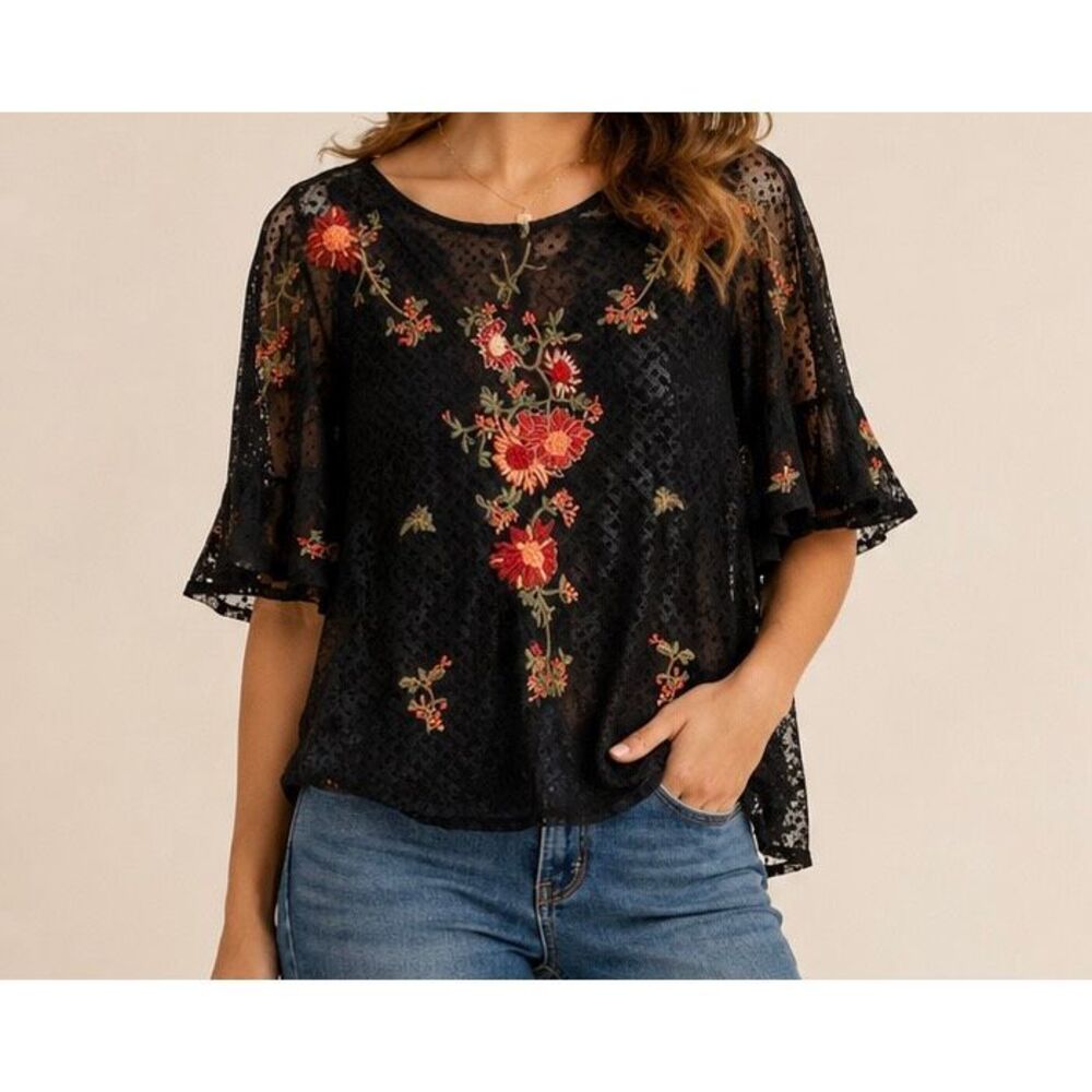 Maeve Anthropologie Black Floral Embroidered Lace Blouse Top Medium Boho
